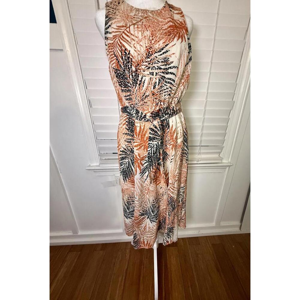 Kasper Women's Sleeveless Midi Dress with Leaf Print and Belt Size 6